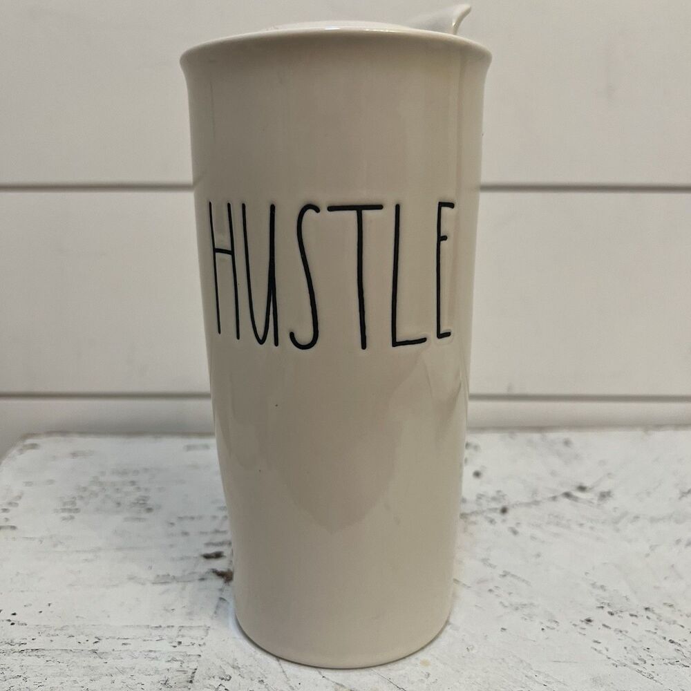 Rae Dunn by Magenta Ceramic "Hustle" Tall Tumbler Coffee Mug Travel Cup